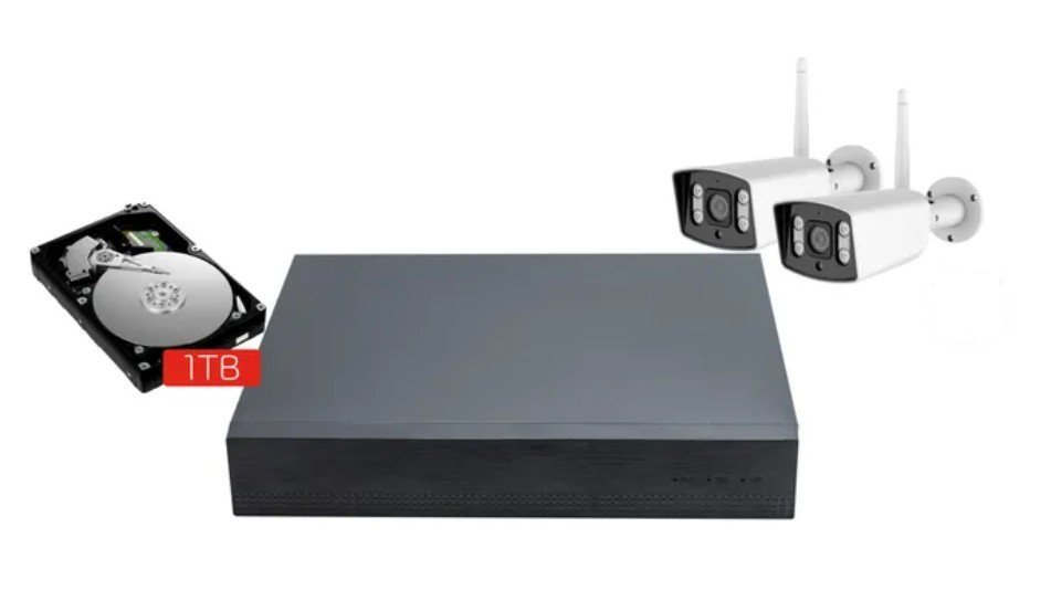 ENERGEEKS - Gravador NVR de 8 canais 2 câmaras fixas exteriores Guardian III + disco rígido Energeeks de 1 TB