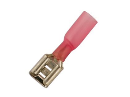 TERMINAL FÊMEA TERMORRETRÁTIL VERMELHO DE ENCAIXE POR PRESSÃO, 6,3 MM, PACOTE COM 25 UNIDADES