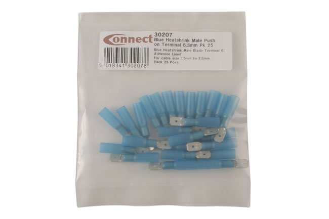 TERMINAL MACHO TERMORRETRÁTIL AZUL DE ENCAIXE POR PRESSÃO, 6,3 MM, PACOTE COM 25 UNIDADES