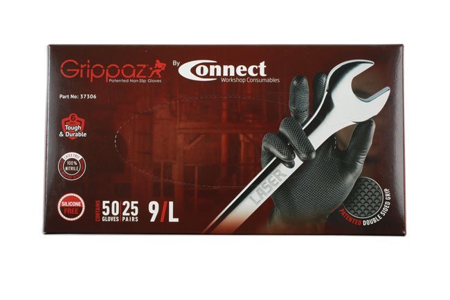 LUVAS DE NITRILO PRETAS GRANDES GRIPPAZ, CAIXA COM 50 UNIDADES/25 PARES.
